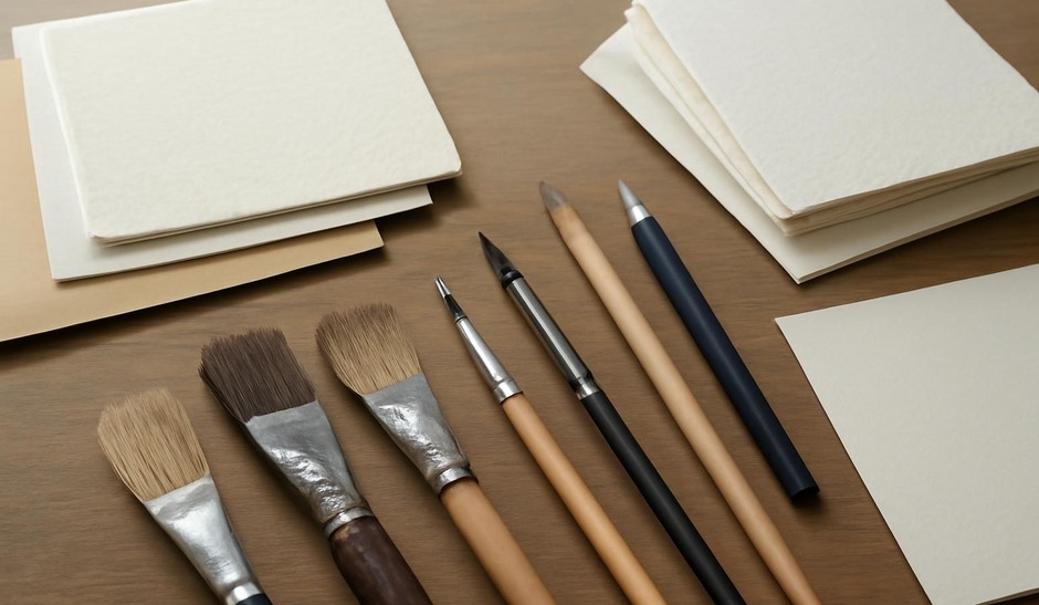 Assorted brushes and papers on a studio table
