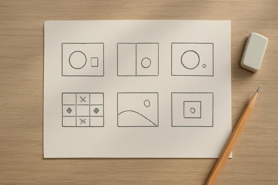 Small compositional thumbnails laid out on paper