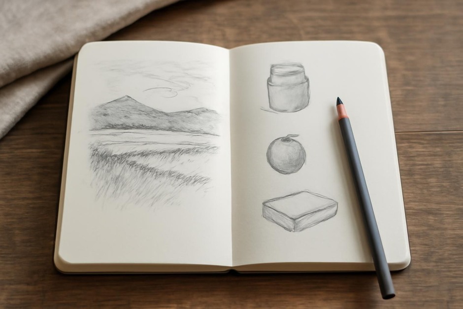 Open sketchbook with pencil and small studies