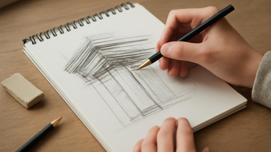 Close-up of hands sketching architecture details