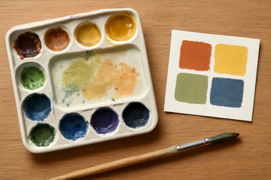 Palette with mixed colours and small study