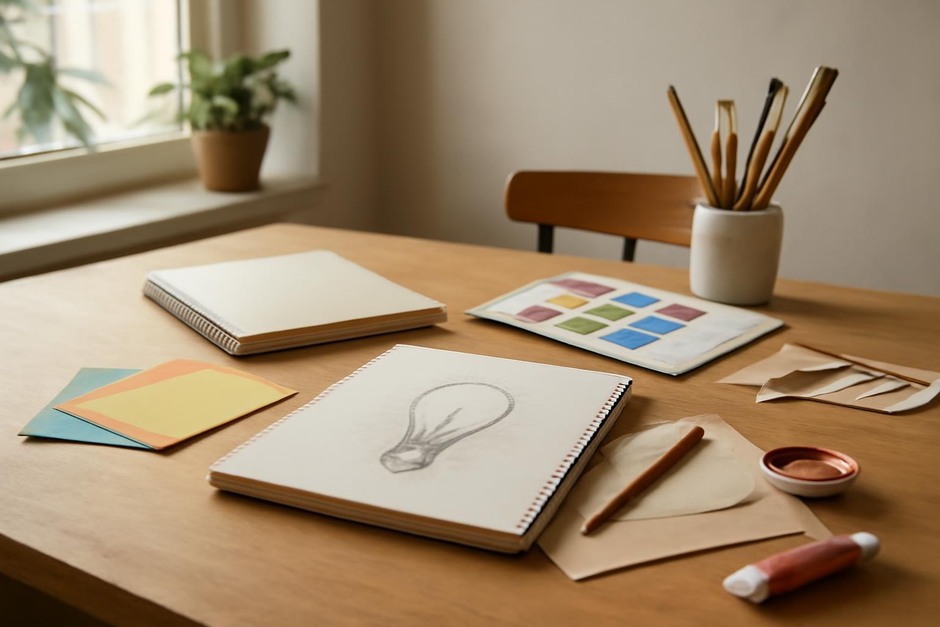 Abstract art desk with color swatches, brush marks, and sketchbook studies.