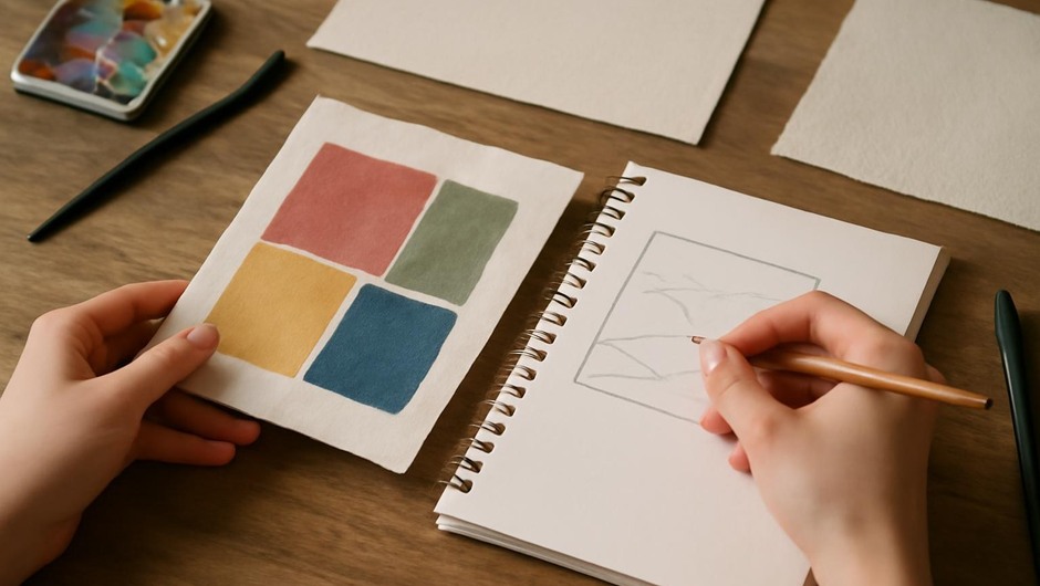 Bright studio image with paint textures, paper layers, and geometric color blocks.